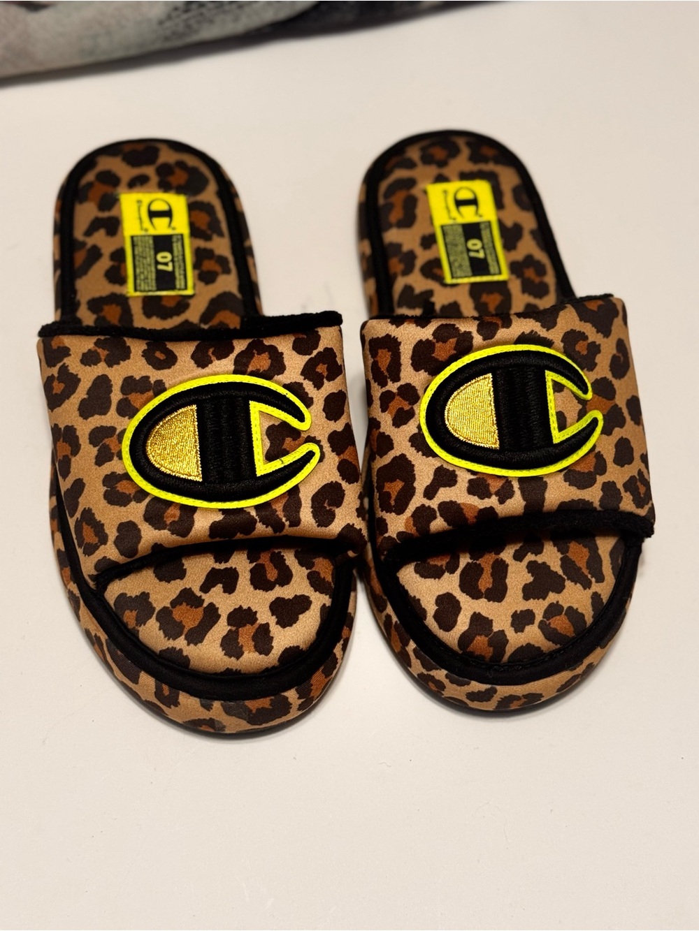 Champion Leopard Print Slide Sandals with Neon Logo - Brown/Black/Yellow